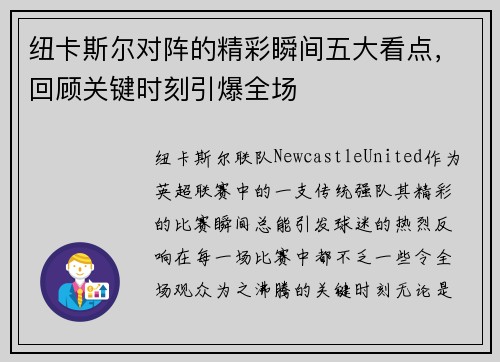 纽卡斯尔对阵的精彩瞬间五大看点，回顾关键时刻引爆全场
