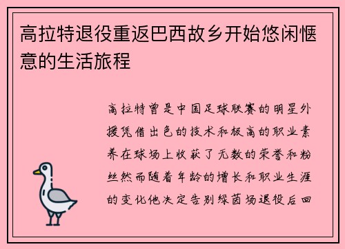 高拉特退役重返巴西故乡开始悠闲惬意的生活旅程