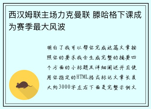 西汉姆联主场力克曼联 滕哈格下课成为赛季最大风波 西汉姆联主场力克曼联 滕哈格下课成为赛季最大风波